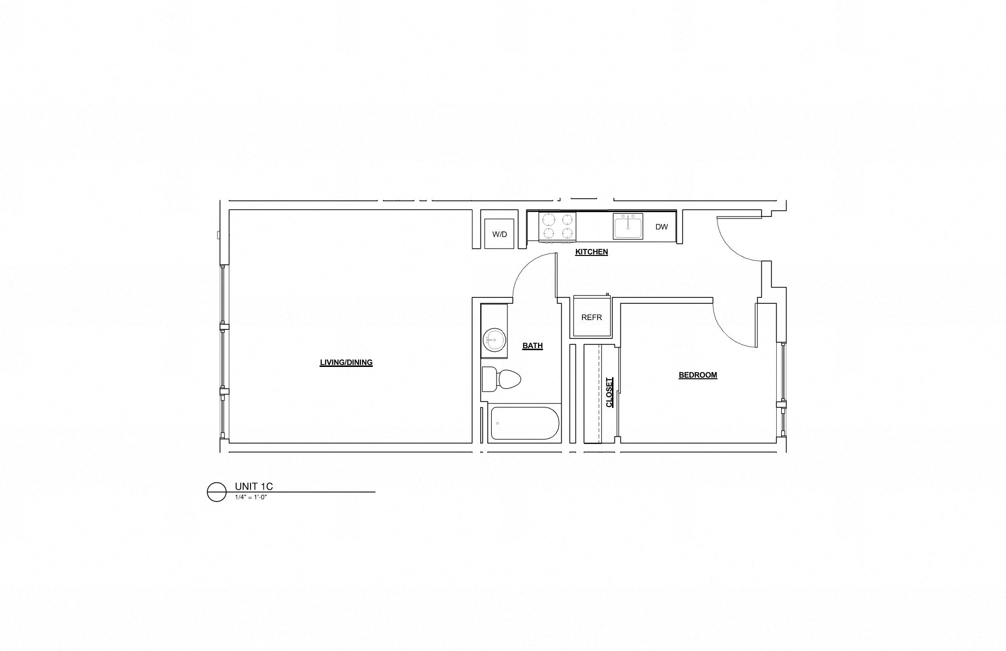 Floor plan for 1 bed, 1 bath, 624 sqft